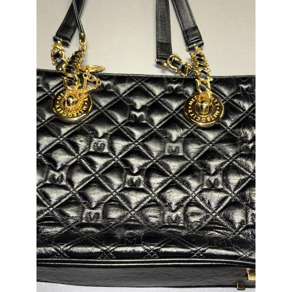Metrocity Black Quilted Leather‎ Tote Bag Gold Hardware Logo Charm Shoulder Bag